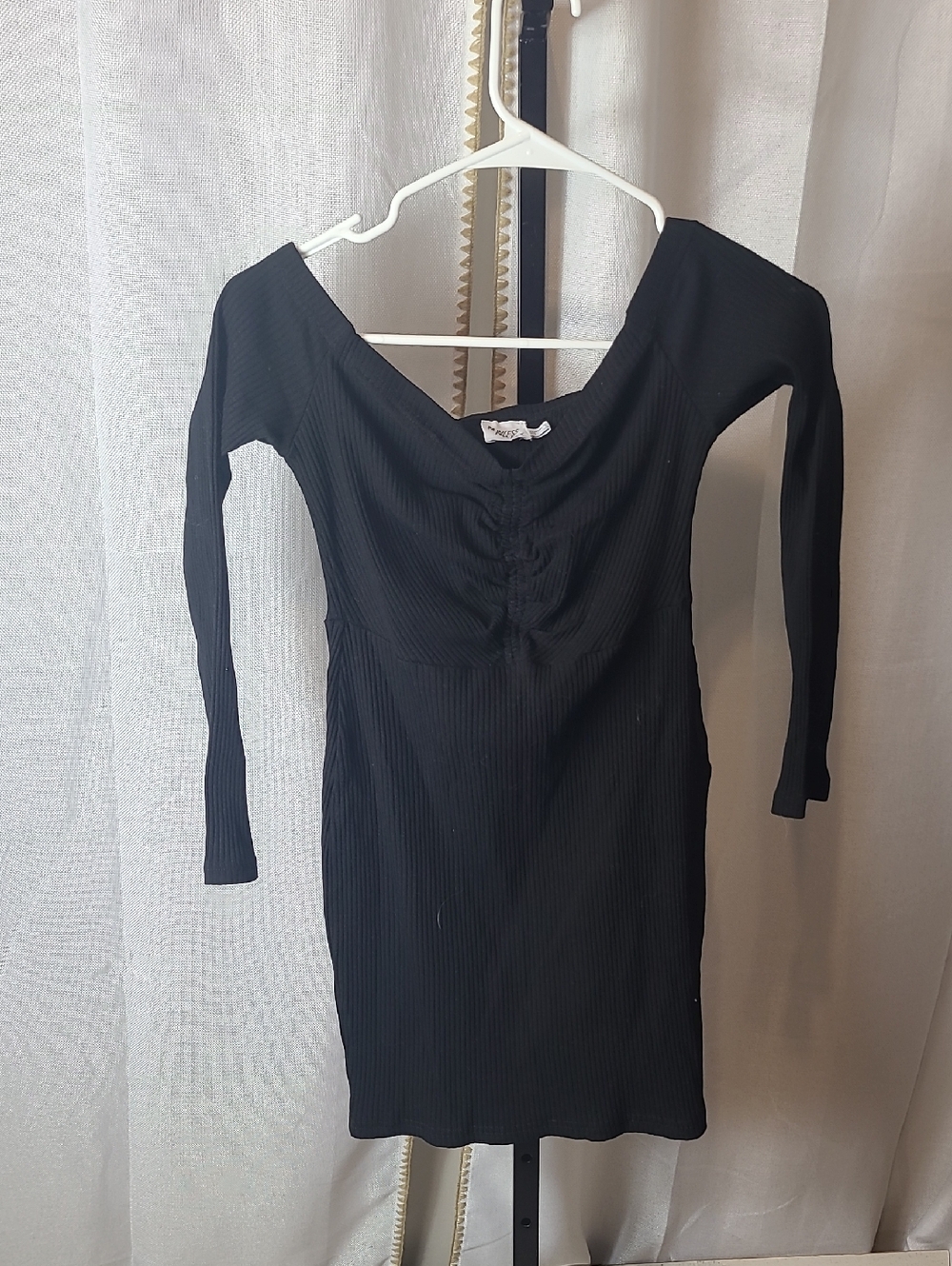 Princess Polly black ribbed long sleeve off shoulder fitted bodycon dress sz 6